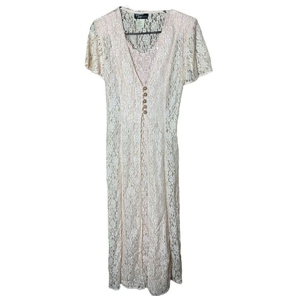 Vintage Dawn Joy 80s/90s Light Pink Lace Coquette Cottagecore Lace Maxi Dress Si - Picture 1 of 15